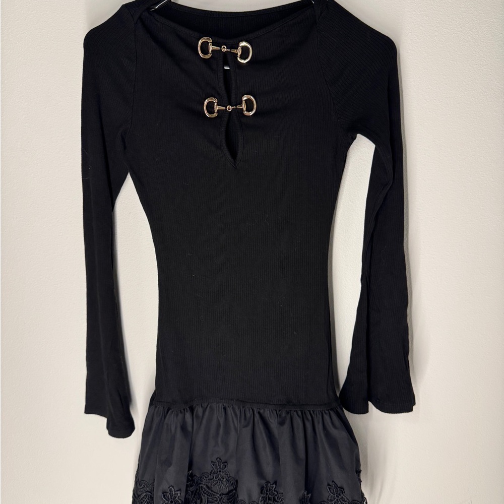 Black Long Sleeve Contouring Dress with Gold Accents key hole chest lace trim
